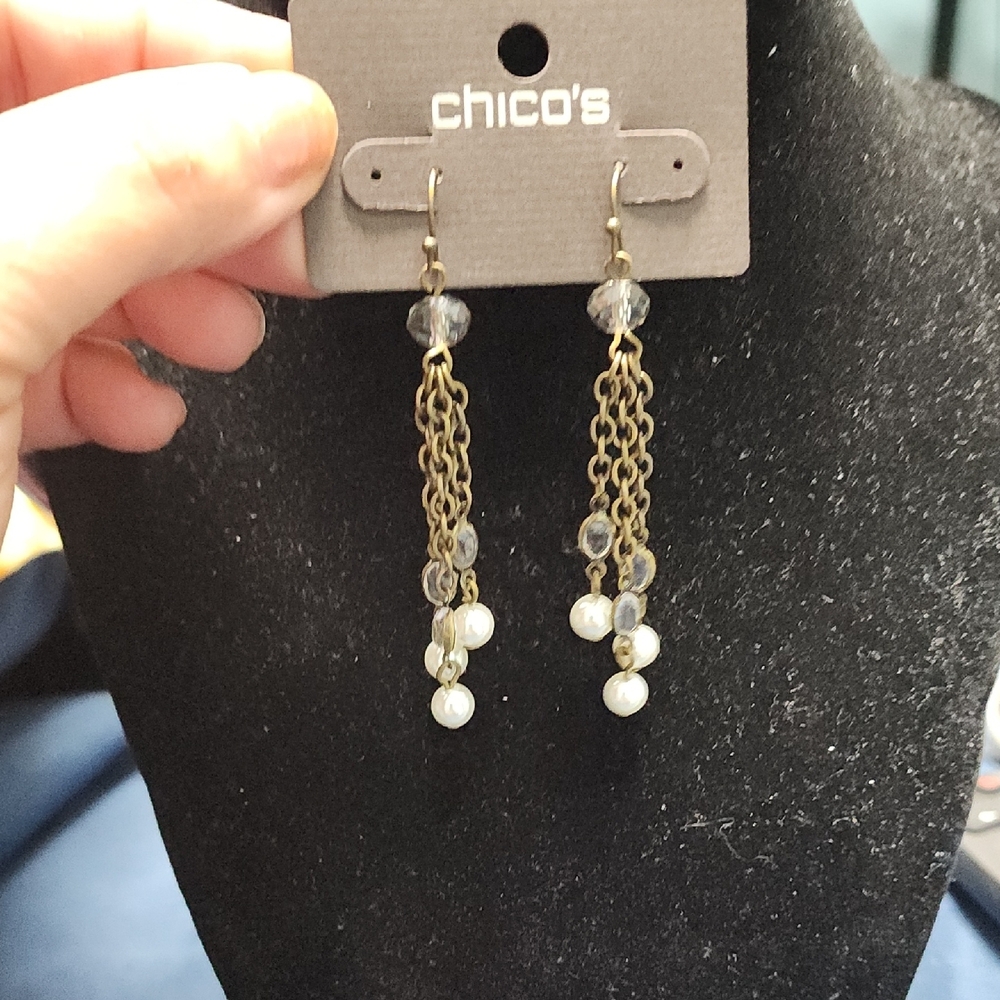 #39 Chico's Gold and White Dangle Earrings - Picture 1 of 1